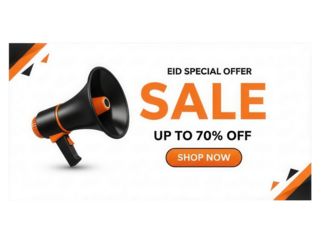 Megaphone announcing big sale up to 70 percent off isolated on transparent background