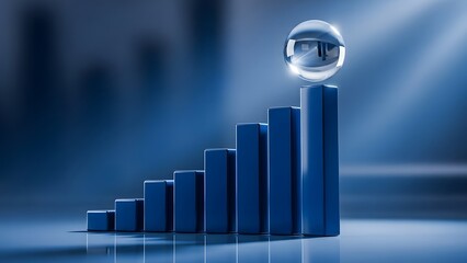3D rising glossy finance bars with a transparent glass sphere