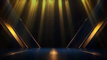 Dark blue stage with golden spotlight lines and glitter texture for award ceremony design. Realistic 3d abstract premium elegant glamour background template for anniversary or winner rewarding. - Powered by Adobe