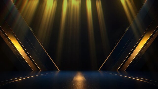 Dark blue stage with golden spotlight lines and glitter texture for award ceremony design. Realistic 3d abstract premium elegant glamour background template for anniversary or winner rewarding.