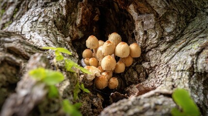 Clusters of small light colored mushrooms emerge from the rough bark of an old tree showcasing natures artistry.