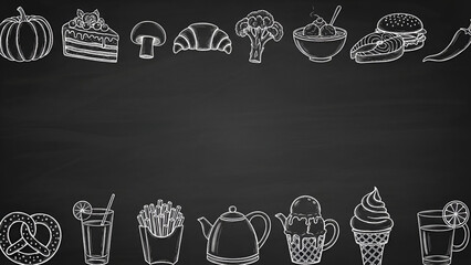 Chalkboard Food Icons: A collection of hand-drawn food and drink illustrations on a blackboard, perfect for menus and culinary themes.