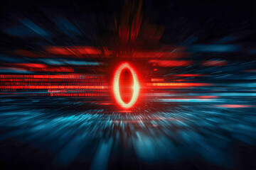 Digital red zero glowing in a futuristic data environment with blue and red light trails representing cyber technology and high-speed information flow