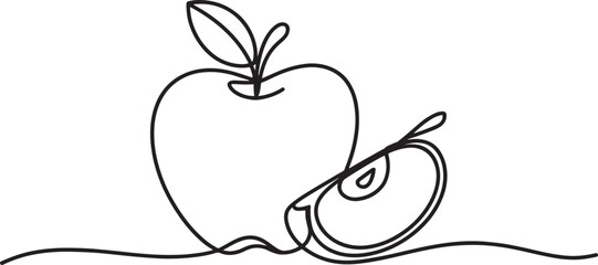 Continuous line drawing of whole apple with leaf and cut slice