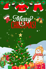 Bright Festive Merry Christmas Holiday Celebration Poster Design with Green Background. ( original illustration, not AI Generated ).