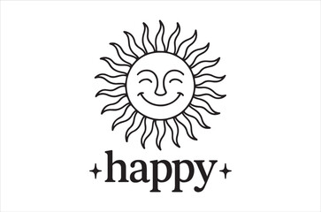 A cheerful sun illustration with a smiling face and the word happy