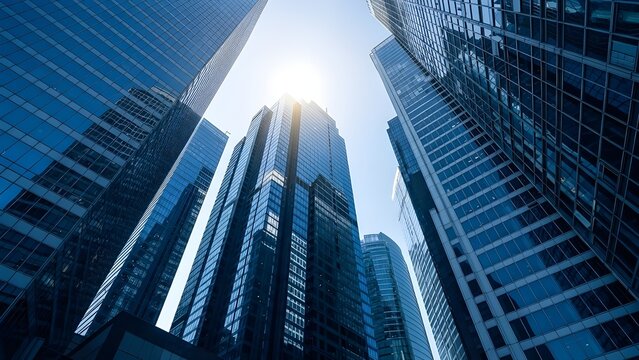 Edificios de oficinas comerciales de rascacielos reflectantes.
 Vista de abajo hacia arriba del paisaje urbano de la gran ciudad moderna.
 IA generativa.