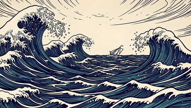 Gran ola en el oc&eacute;ano como papel tapiz de ilustraci&oacute;n de estilo japon&eacute;s