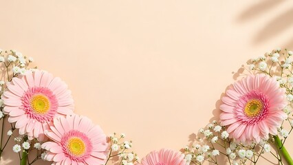 Flat lay of pink gerbera daisies and baby's breath flowers for Valentine's Day, Easter, Birthday, Mother's Day, Happy Women's Day, top view, copy space