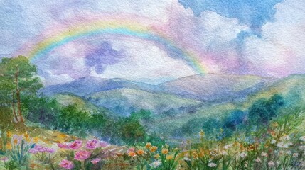 Fototapeta premium A vibrant rainbow stretches across the sky above green hills. Wildflowers bloom in the foreground.