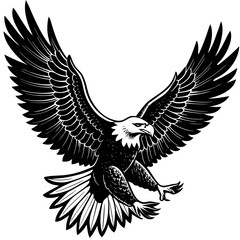 Obraz premium Black vector silhouette of an eagle in flight with wings spread, symbolizing freedom and wildlife, on a white background