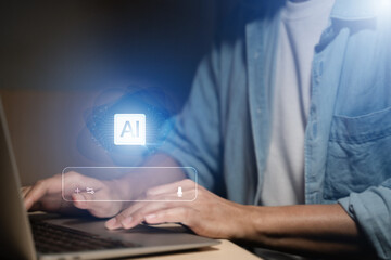 Person uses laptop interacting with AI virtual assistant. AI graphic overlay laptop keyboard. Concept of AI prompt engineering, LLM. Person types on keyboard to communicate with virtual