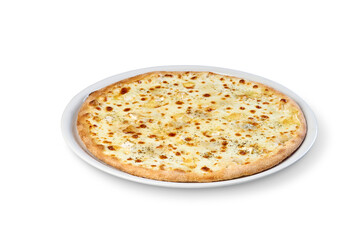 Quattro formaggi cheese pizza on white plate