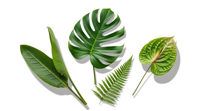 Lush tropical green leaves, including monstera and fern, artfully arranged on a white background, creating a vibrant botanical composition for fresh nature and exotic summer designs - Powered by Adobe