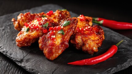 Juicy chicken wings coated in a spicy sauce topped with red chilies and green herbs enticing flavors off the black slate.