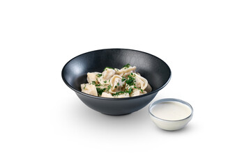Pelmeni dumplings with sour cream and dill in a bowl