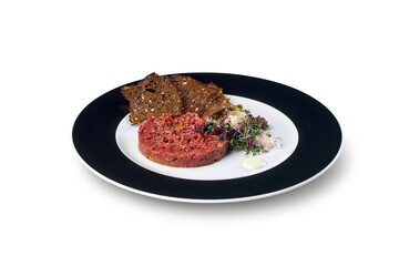 Steak tartare dish with bread on transparent background