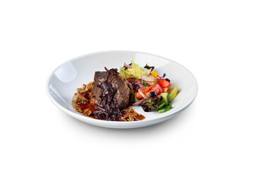 Beef steak with caramelized onions and fresh side salad