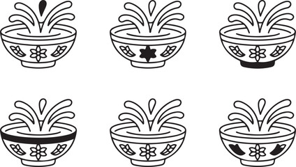 Bowl Fountain Icons, Elegant Line Art Water Fountain Symbol Set