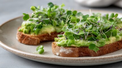 Delicious avocado toast with fresh microgreens on whole wheat bread