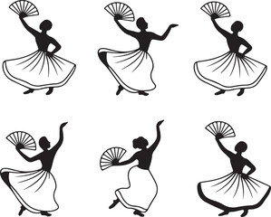 Elegant Flamenco Dancer Icons, Fan Dance Silhouette Set
