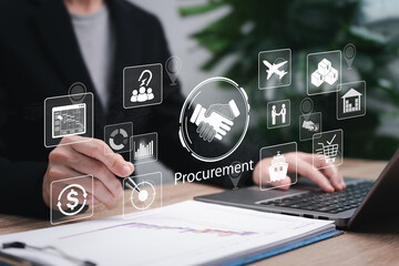 Digital Procurement Management Concept, Businesswomen Managing Electronic Purchasing Processes with Contracts, Invoices, Approval Documents, Vendor, Supply Chain, Cost Efficiency, Quality