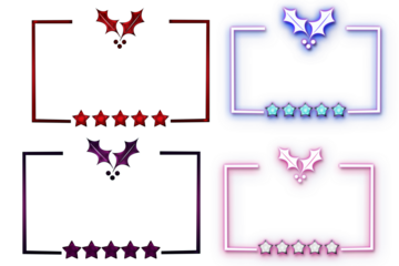 Neon and glossy rectangle shape with holly and stars frame. Glowing neon border isolated on transparent background. Shine glow light neon design elements. Banner, poster, card, wallpaper elements.