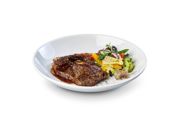 Grilled beef steak with fresh side salad on transparent background