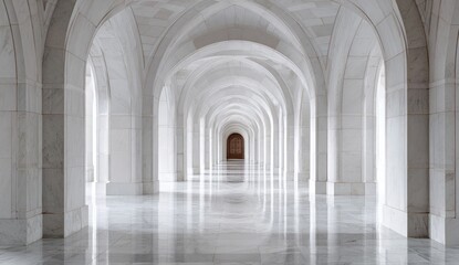 Long hall with arches, marble floor, and white walls receding to the end in a symmetrical perspective