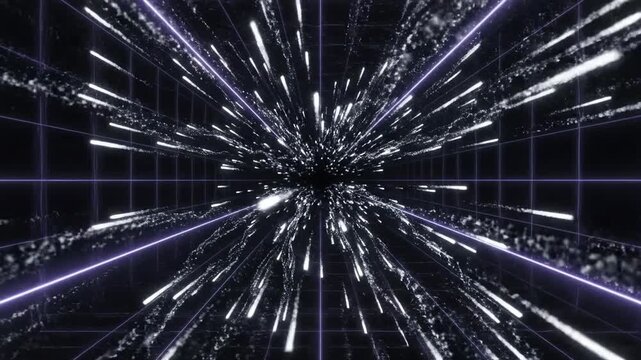Seamless loop of tiny white digital particles flowing rapidly through a minimal dark grid structure creating a sense of infinite void innovation, empty space, genesis