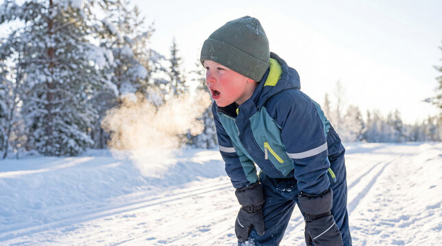 Young child breathing out visible breath in cold snowy forest outdoors