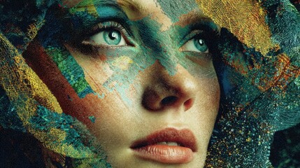 A striking close up of a woman with vivid colors and textures enhancing her features symbolizing creativity.