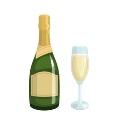 Vector bottle and glass with prosecco or champagne wine, illustration av green bottle and glass of luxury sparkling wine, elite alcohol drink isolated on white background