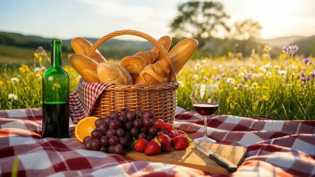 Picnic arrangement with bread fruit and wine on a checkered blanket