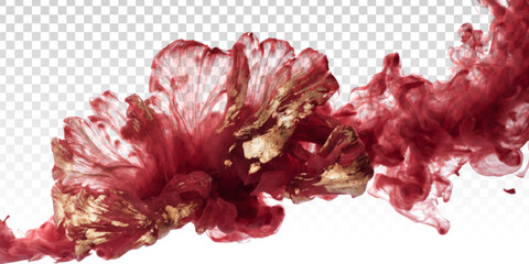 Vector red flower with marble golden smoke isolated on transparent background.