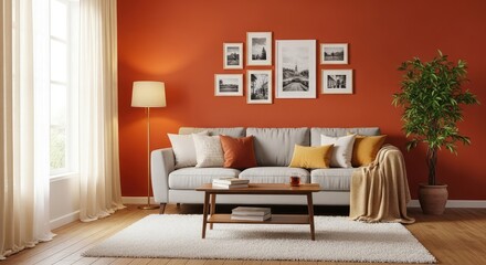 Obraz premium Cozy up your brand with this inviting living room interior scene bathed in warm, natural light for a welcoming and comforting modern design aesthetic