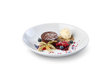 Chocolate lava cake with ice cream and berries on transparent background