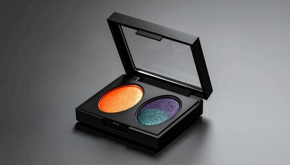 Open black makeup palette containing bright orange and iridescent blue/purple eyeshadow on a dark, glossy surface