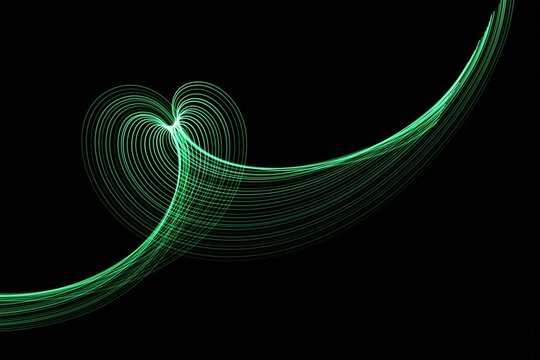 Long exposure light painting photography. Swirls of green light in parallel lines against a black background