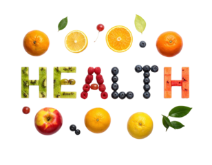flat lay digital cutout where the word "HEALTH" is creatively spelled out using an assortment of fresh fruits like kiwi, raspberries, blueberries, and sliced carrots