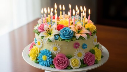 Beautifully Decorated Birthday Cake Adorned with Colorful Flowers and Lit Candles