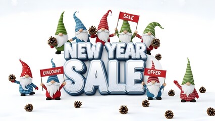 New Year gnomes promoting sale with signs on snowy background  