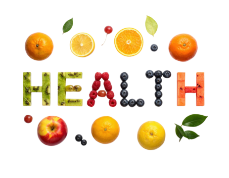 flat lay digital cutout where the word "HEALTH" is creatively spelled out using an assortment of fresh fruits like kiwi, raspberries, blueberries, and sliced carrots - Powered by Adobe