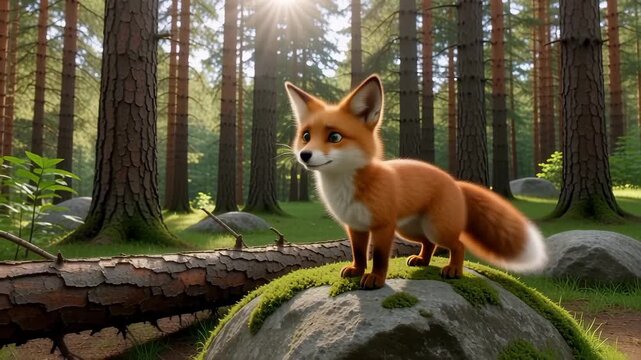 Cute cartoon fox sitting on mossy rock in forest
