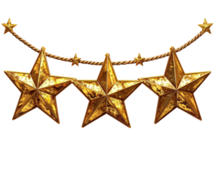 A digital rendering of three large rustic golden metal star ornaments hanging from a twisted rope suggesting a high-quality rating or award on a transparent background.