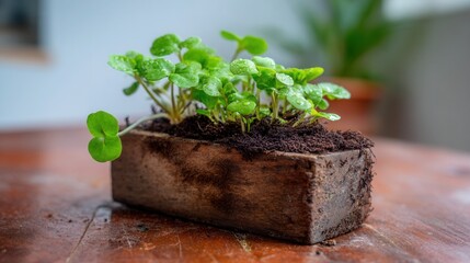 Small plants growing in wooden block