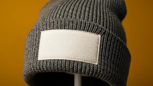 Rotating knitted beanie with blank patch on yellow background