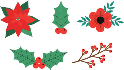 Christmas Poinsettia Flower Vector Collection in Red, Pink, and Salmon Hues, Ideal for Festive Holiday Decor, Seasonal Greetings, and Botanical Illustrations © MdAbdul