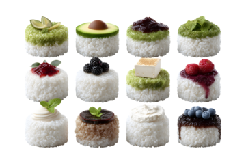 Assorted Rice Cakes with Diverse Sweet and Savory Toppings on Black