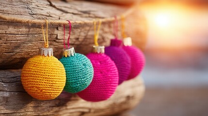 Colorful crocheted ornaments hanging on rustic wood in warm sunset glow